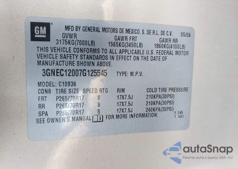 2007 Chevrolet Avalanche 1500 Lt из США, поврежденный, VIN 3GNEC12007G125545